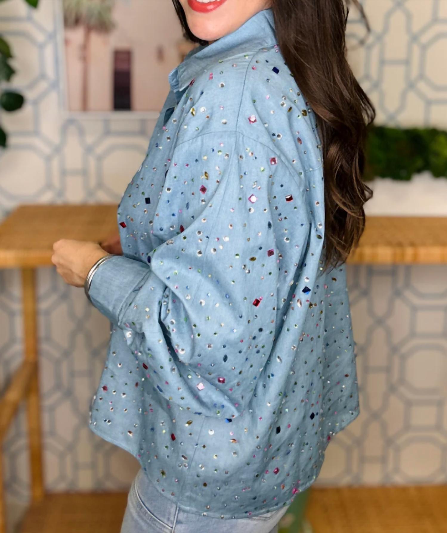 QUEEN OF SPARKLES Rhinestone Button Up Collar Top in chambray multi - women's shirt - detail view
