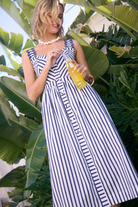 Skies Are Blue - Striped Midi Dress With Embroidered Detail