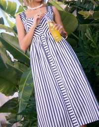 Skies Are Blue - Striped Midi Dress With Embroidered Detail