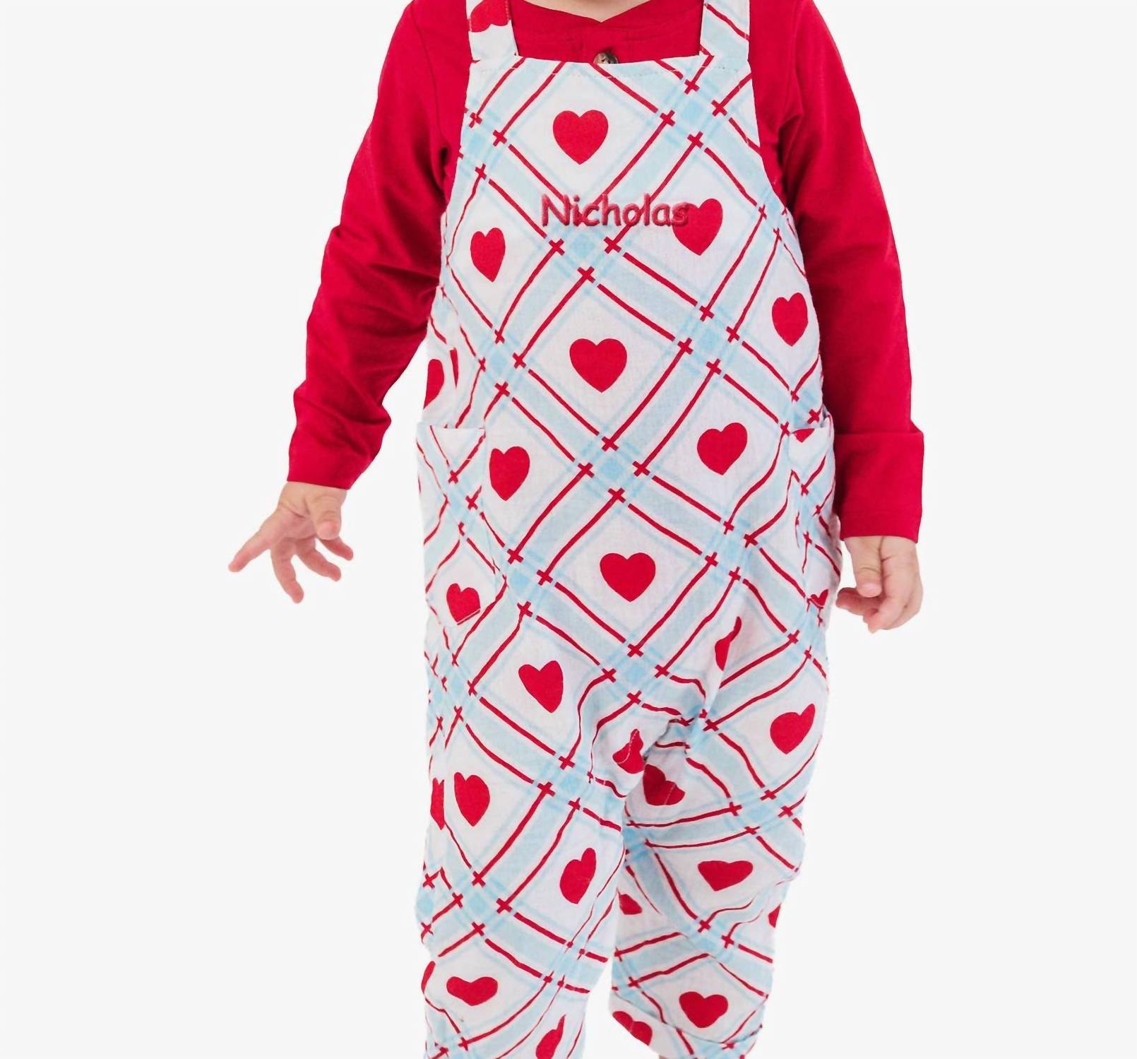RuffleButts Baby Boy's Sweetheart Gauze Overall Jumpsuit in blue red - kids' item - alternate view