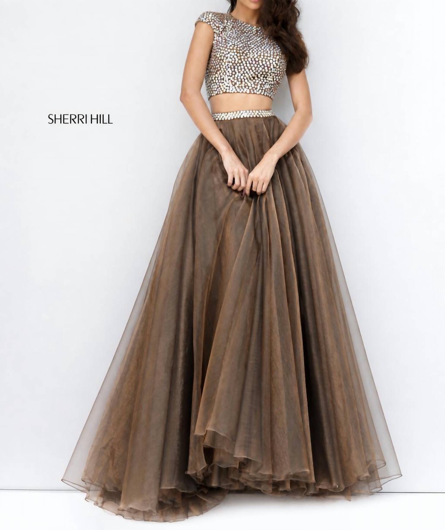 Sherri Hill Two Piece Beaded Bodice Organza Ball Gown in light brown - women's dress