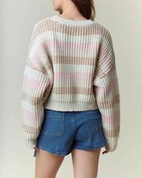 Peach Love Crew Neck Stripe Cropped Sweatshirt in pink multi - women's top - detail view