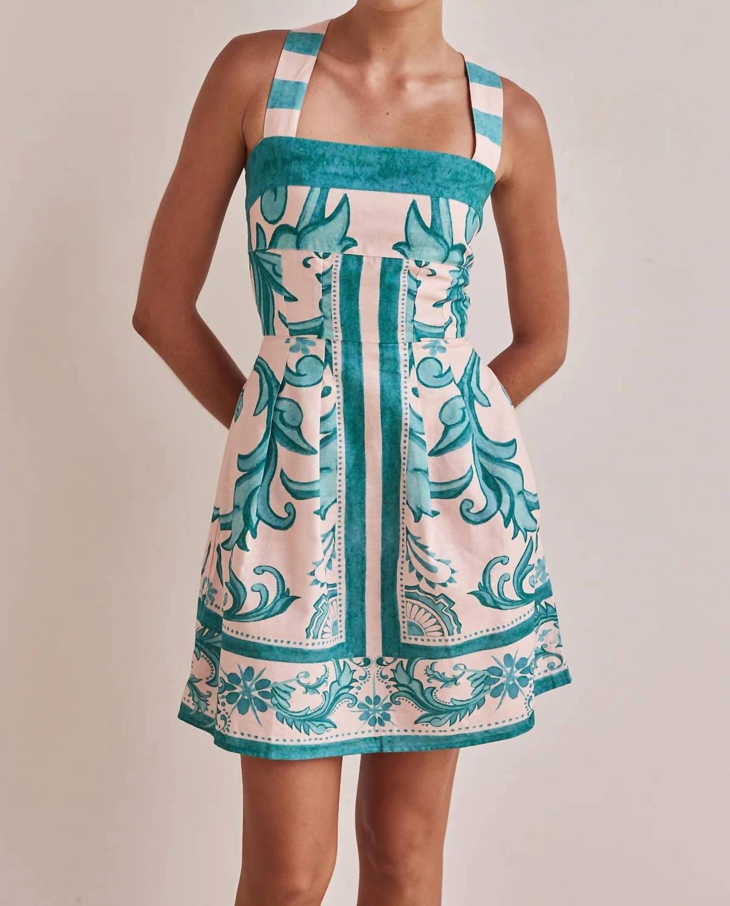 Little Trendy - Unique Floral Printed Wide Strap Pocket Mini Dress