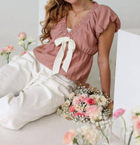 In February - Tie-front Blouse With Bubble Sleeves