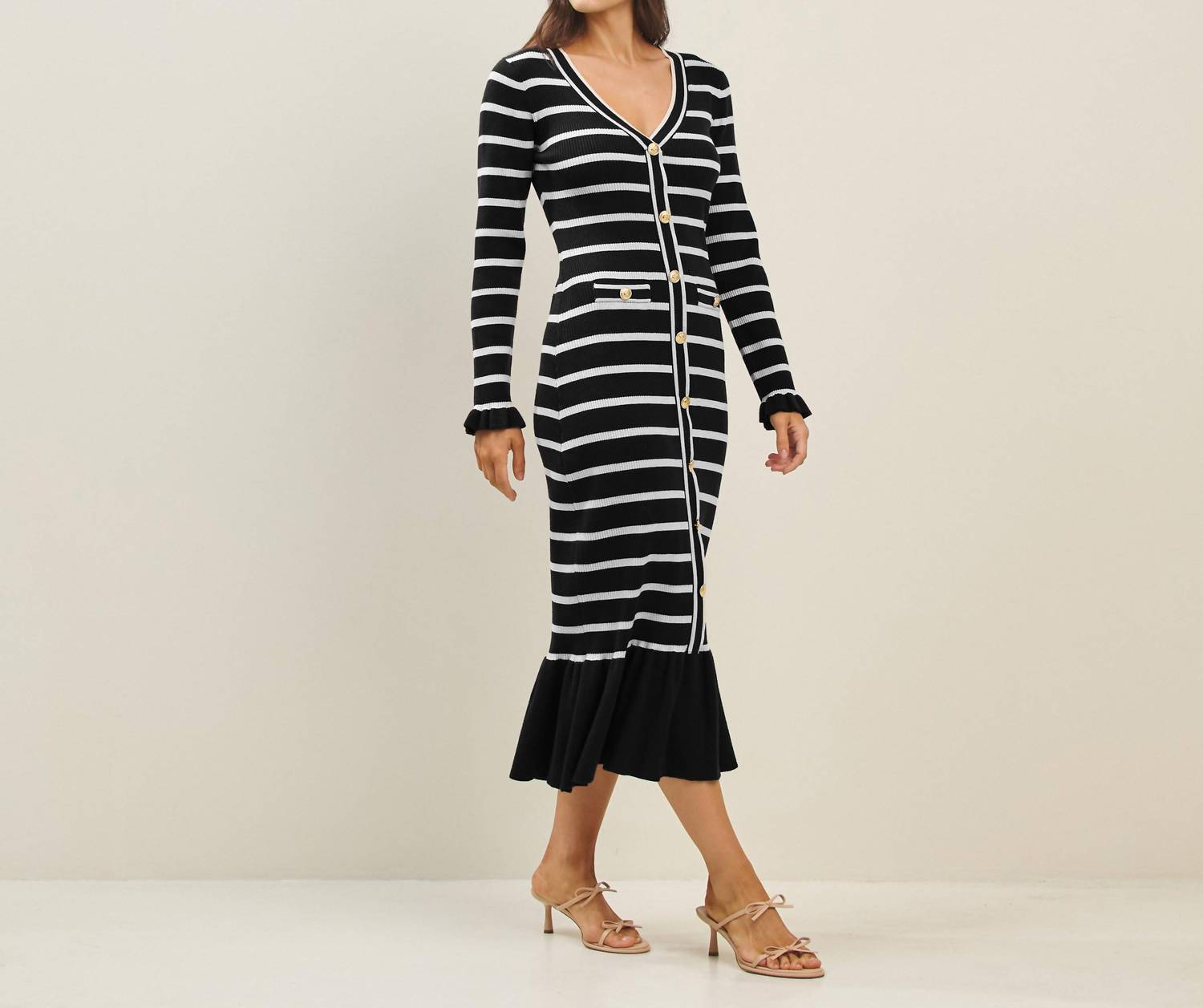 ABLE Striped Knit Dress with Ruffle Hem in black - women's dress - detail view