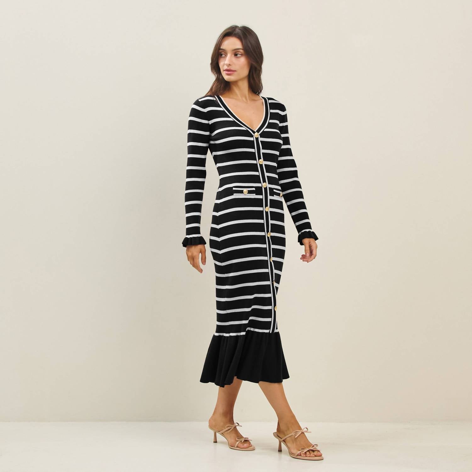 ABLE Striped Knit Dress with Ruffle Hem in black - women's dress - alternate view