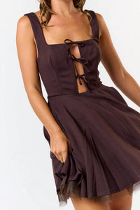 Blue Blush - Tie Front Square Neck Flared Mini Dress