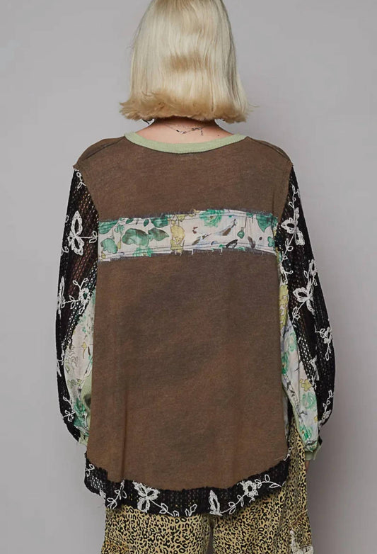 Pol - Round Neck Long Sleeve Floral Knit Top