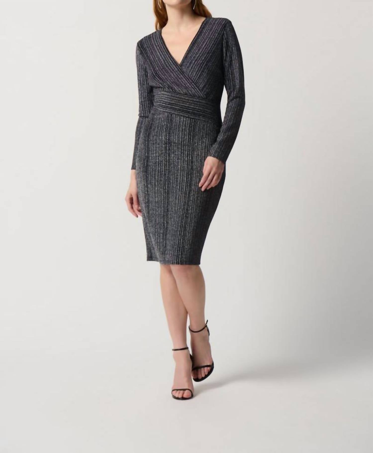 Joseph Ribkoff - Metallic Stripes Stretch Faux Wrap Sheath Dress