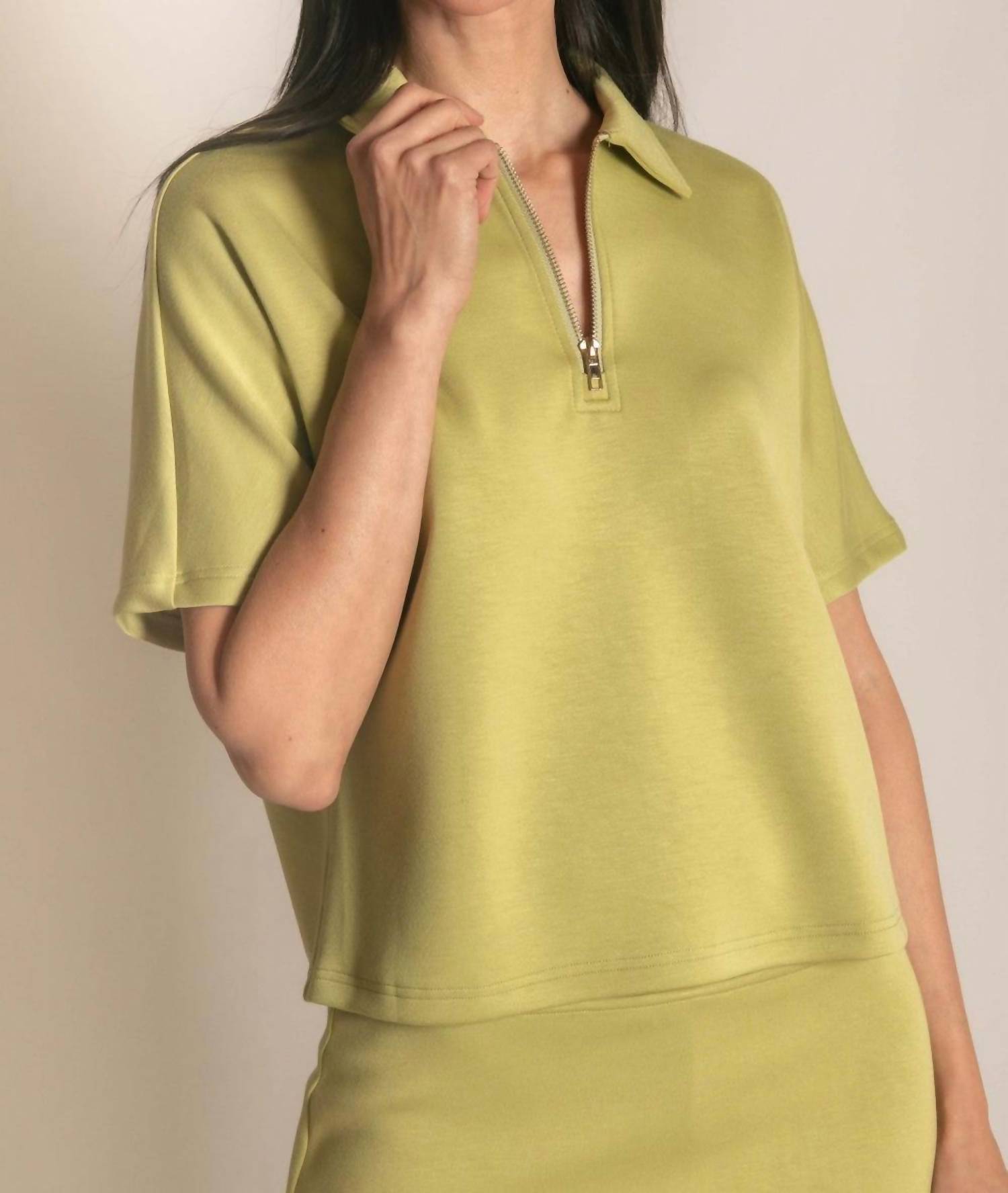 P.CILL Butter Modal Short Sleeve Quarter Zip Top in green - women's t-shirt - detail view