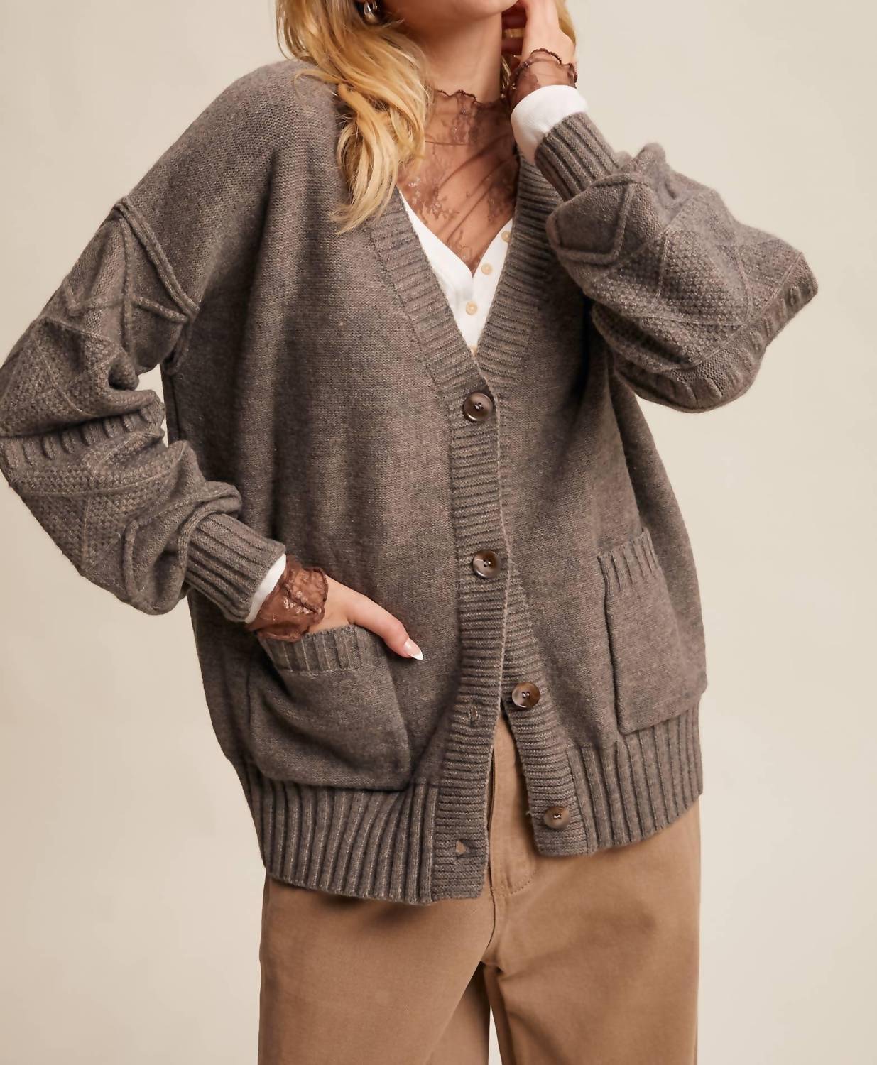 Listicle - Textured Knit Button Up Cardigan