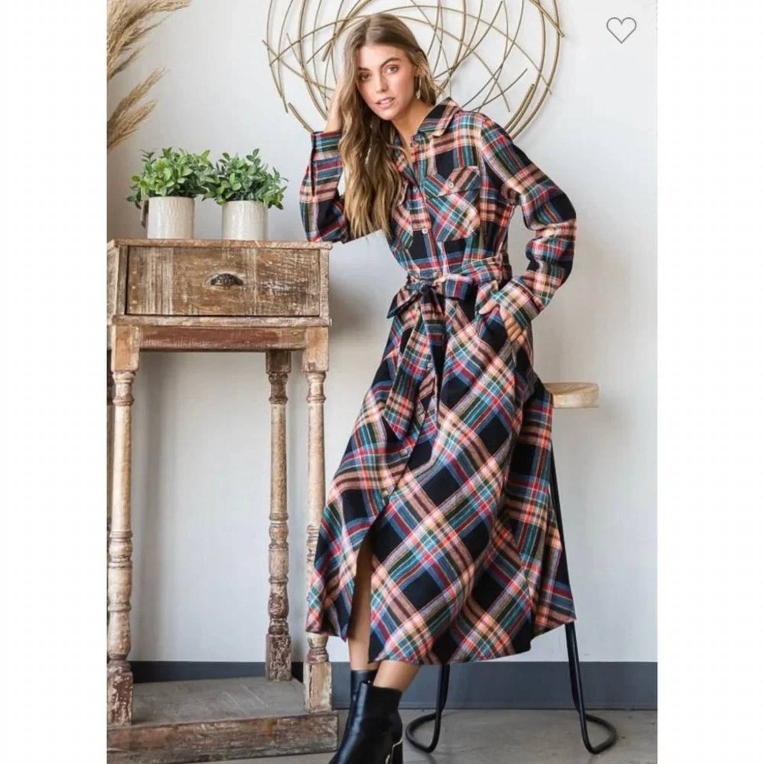 Jade By Jane - Plaid Belted Long Shirt Dress - Plus