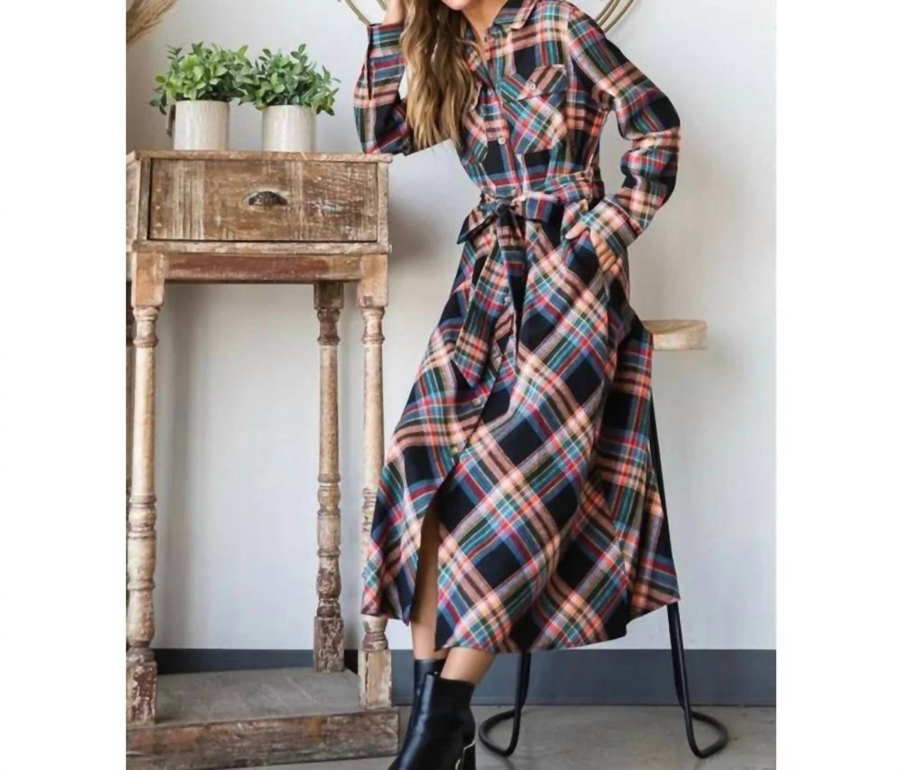 Jade By Jane - Plaid Belted Long Shirt Dress - Plus