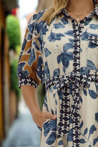 Entro - Botanical Midi Shirt Dress With Tie Waist