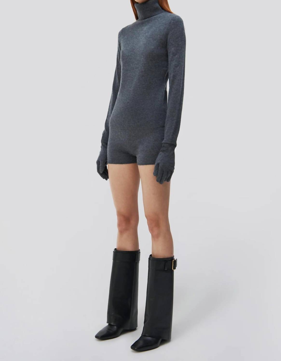 JONATHAN SIMKHAI Dita Cashmere Gloved Turtleneck Sweater in charcoal melange - women's sweater - detail view