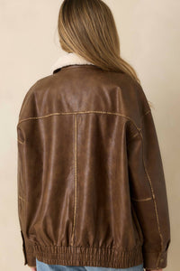 Blu Pepper - Faux Leather Shearling Collar Zip Up Jacket