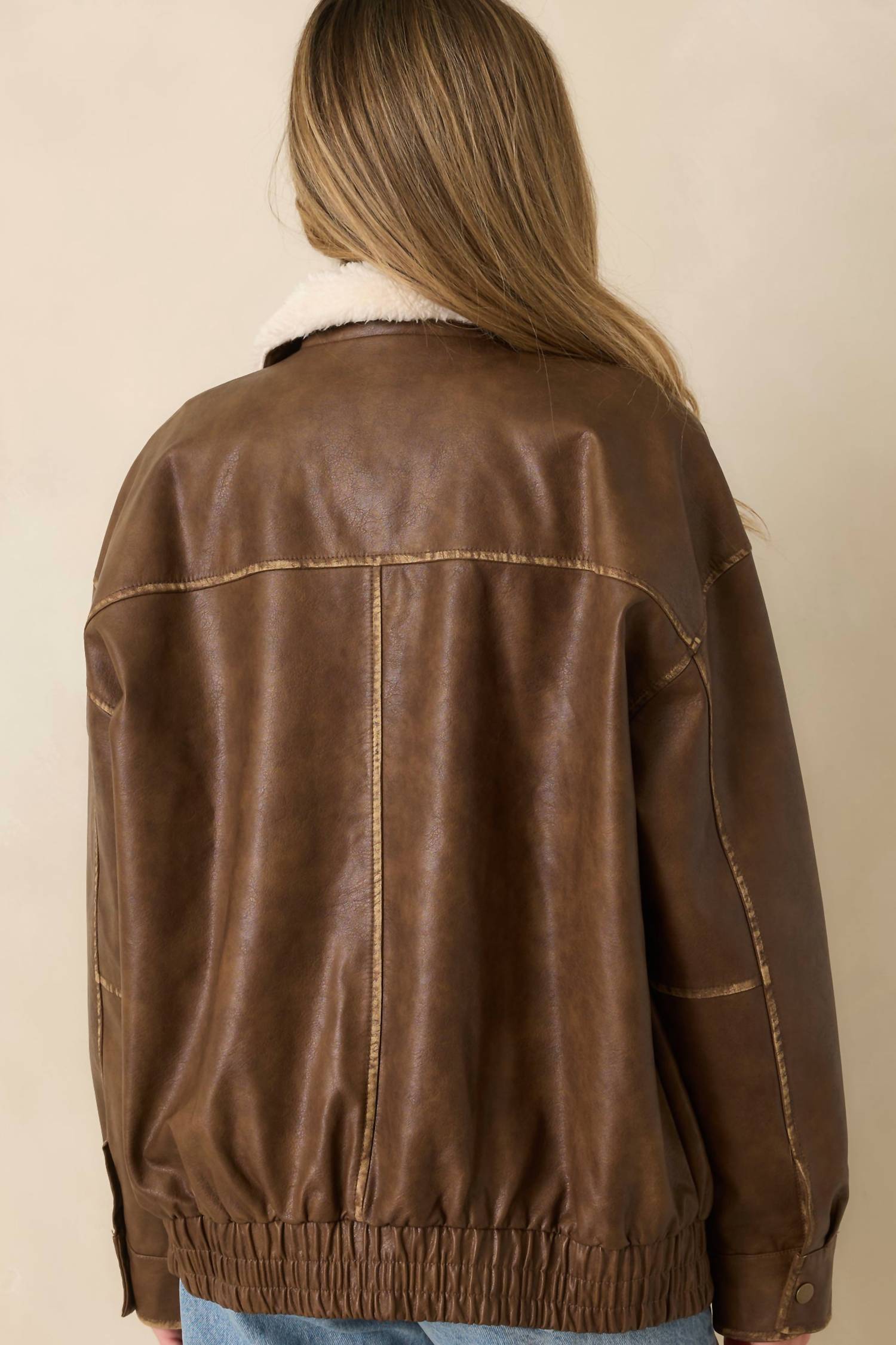 Blu Pepper - Faux Leather Shearling Collar Zip Up Jacket