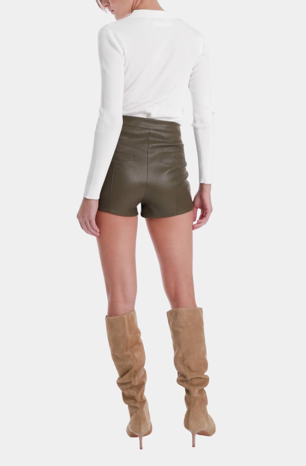 Karina Grimaldi Women's Mona Vegan Leather Mini Shorts in olive - women's shorts - detail view