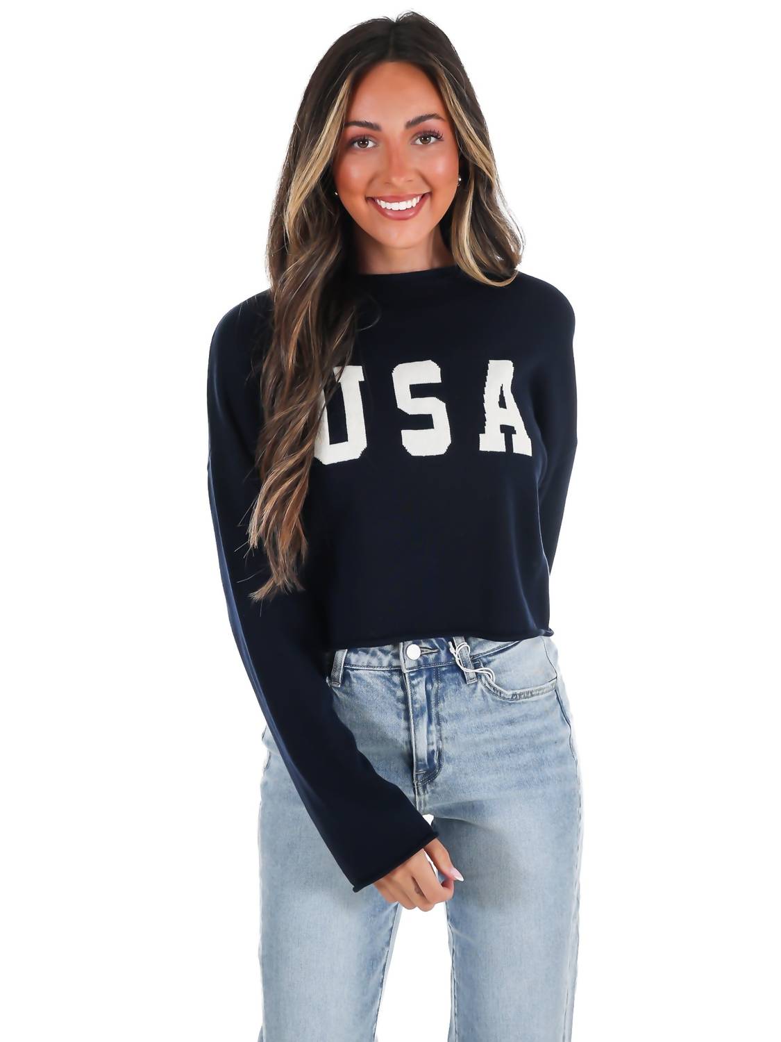 Le Lis - Varsity USA Mock Neck Crop Sweater