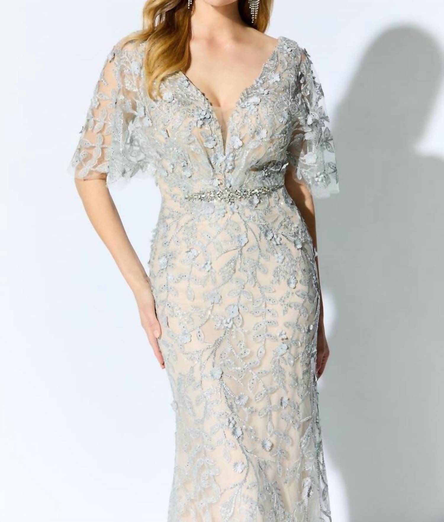 Montage by Mon Cheri Lace Trumpet Dress in nude silver - women's dress - alternate view