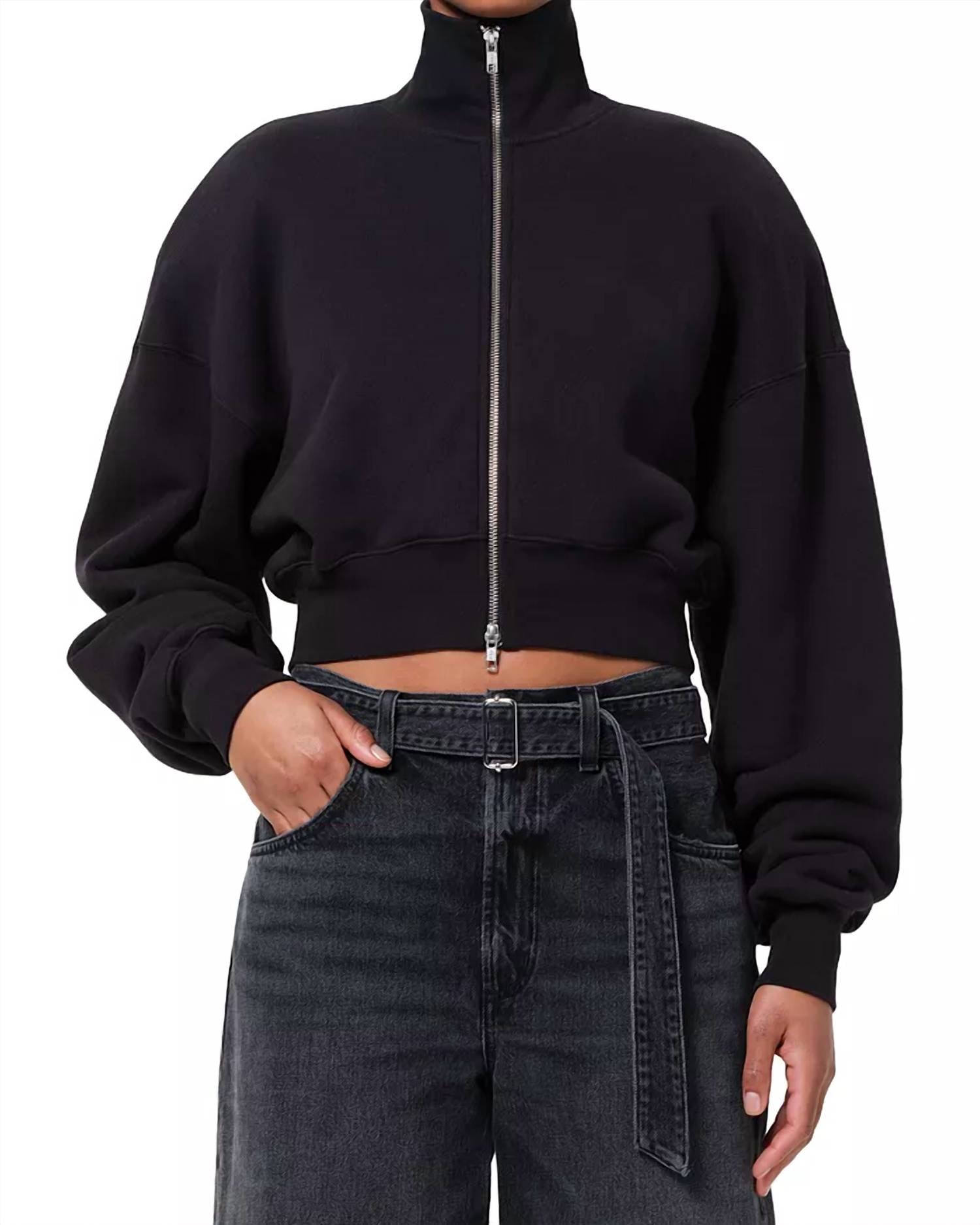 AGOLDE Darby Funnel Neck Zip Front Sweatshirt in navy - women's top