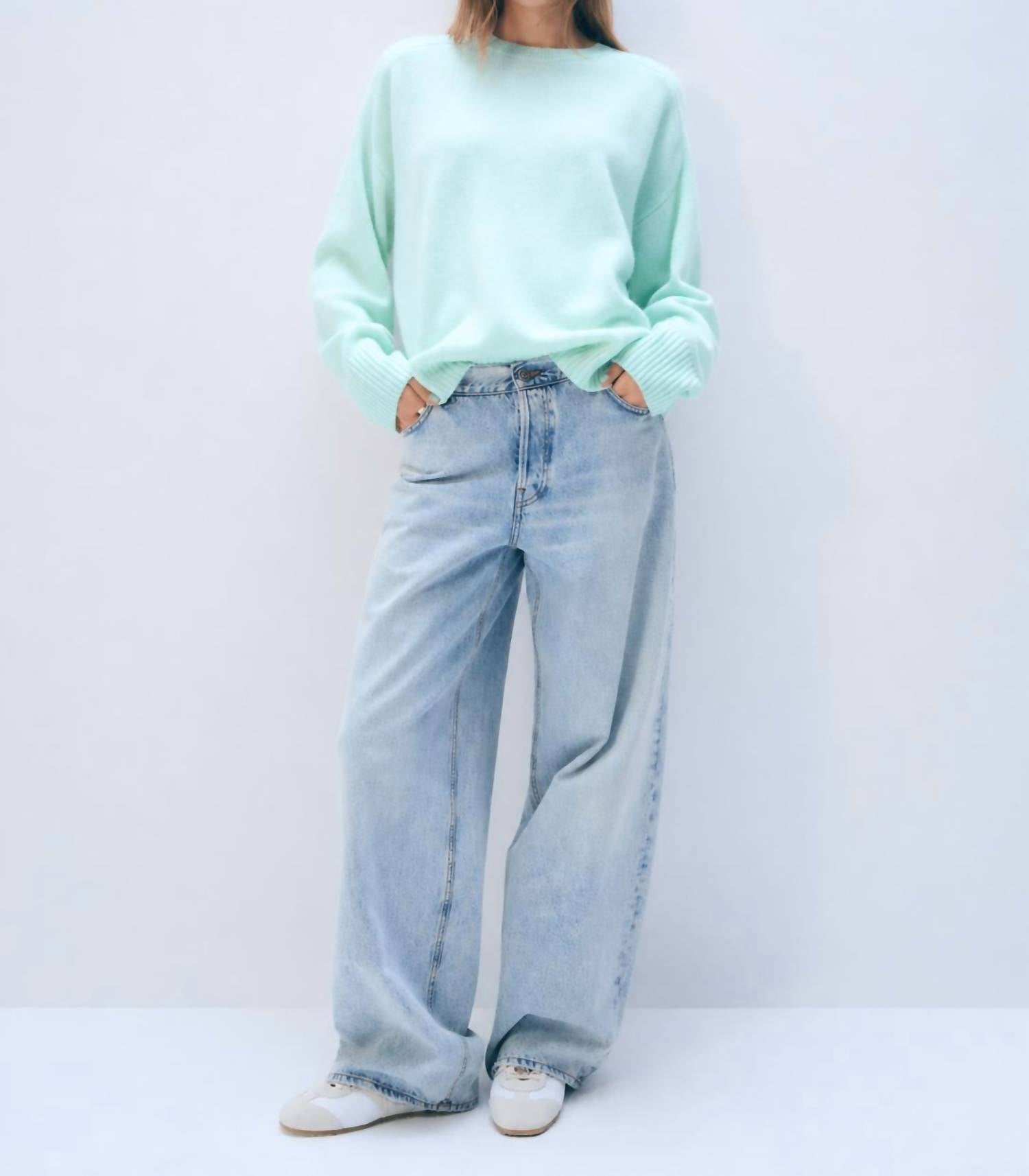 White + Warren Oversized Saddle Sleeve Crewneck Sweater in light aqua - women's sweater - view 4
