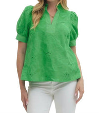 entro Floral Embroidered V-neck Puff Sleeve Top in green - women's t-shirt