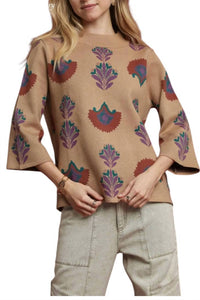 umgee Floral Knit Sweater Top in latte - women's sweater