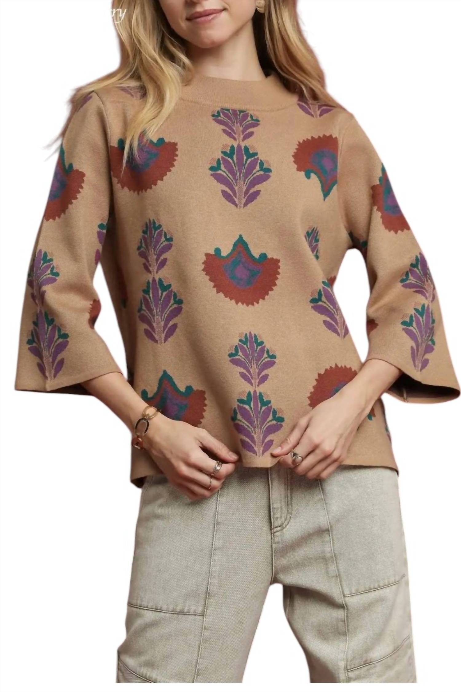 umgee Floral Knit Sweater Top in latte - women's sweater