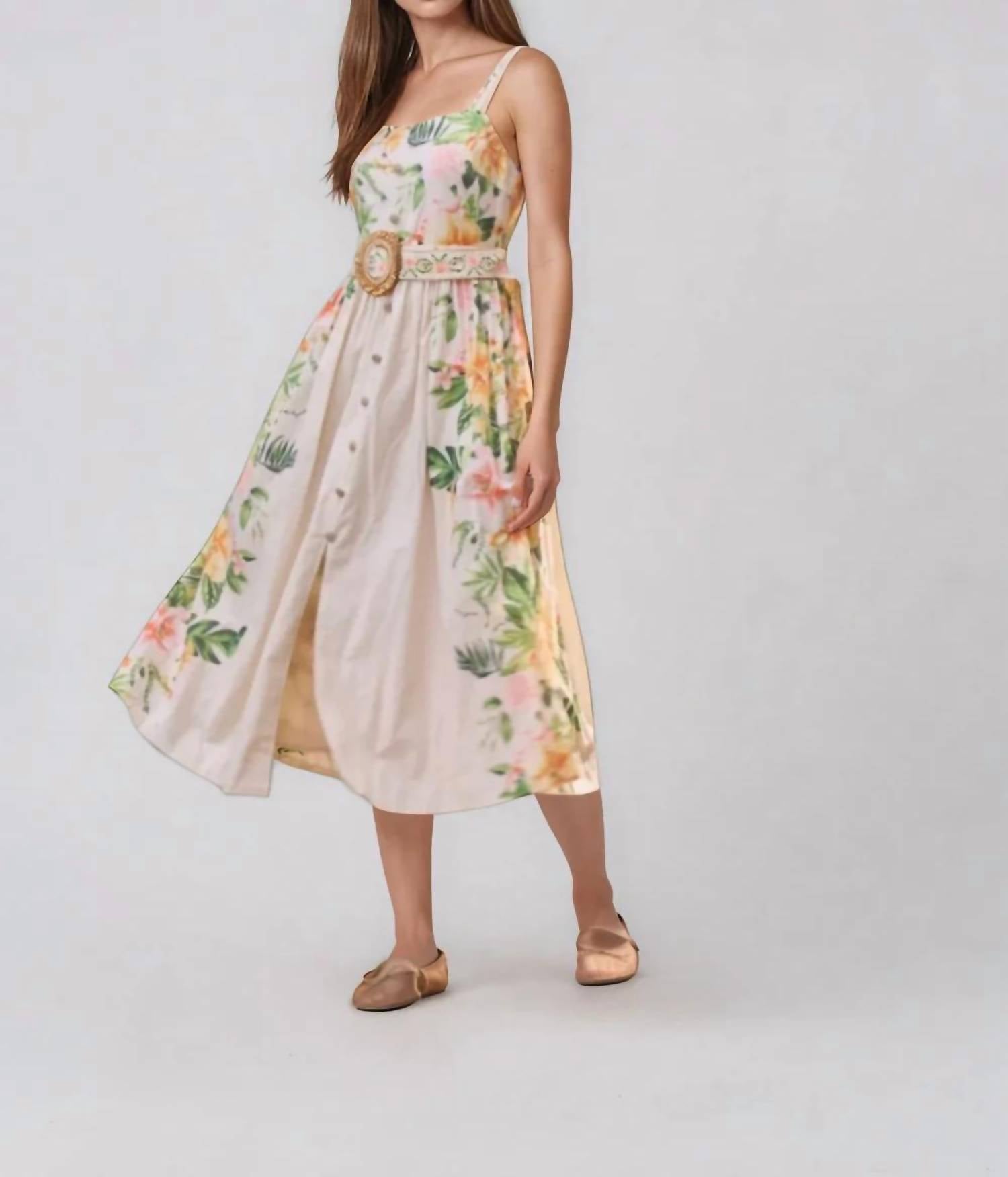 Moon River - Floral Print Belt Detail Sleeveless Midi Dress