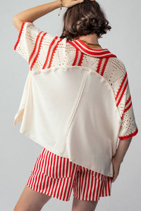 Urban Daizy Isla Crochet Knit Shirt in cream red - women's shirt - alternate view