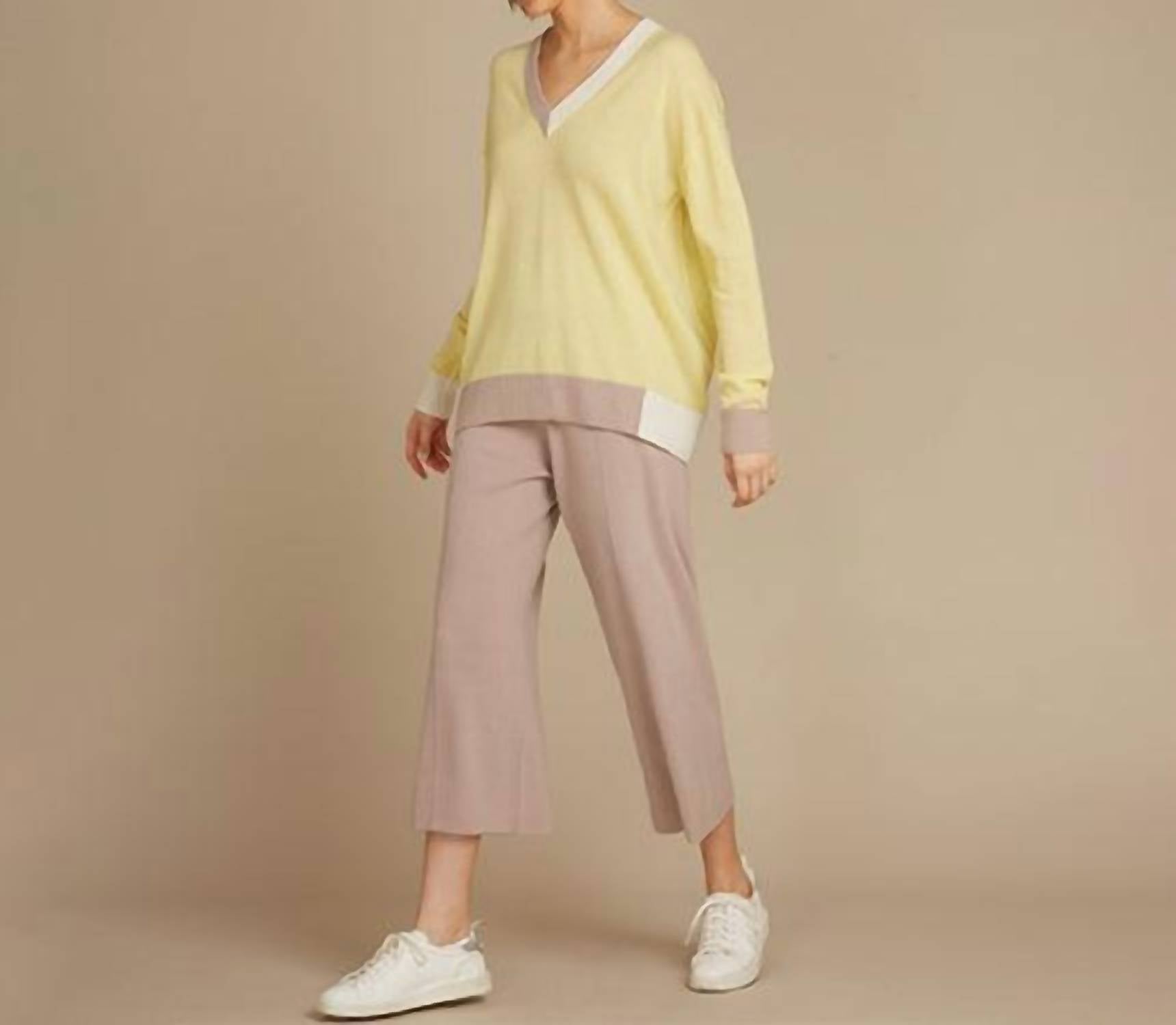 Autumn Cashmere Color Block V Sweater in banana combo - women's sweater - alternate view
