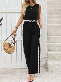 Anna-Kaci - Women's Sleeveless Crop Top And Wide Leg Two Piece Set