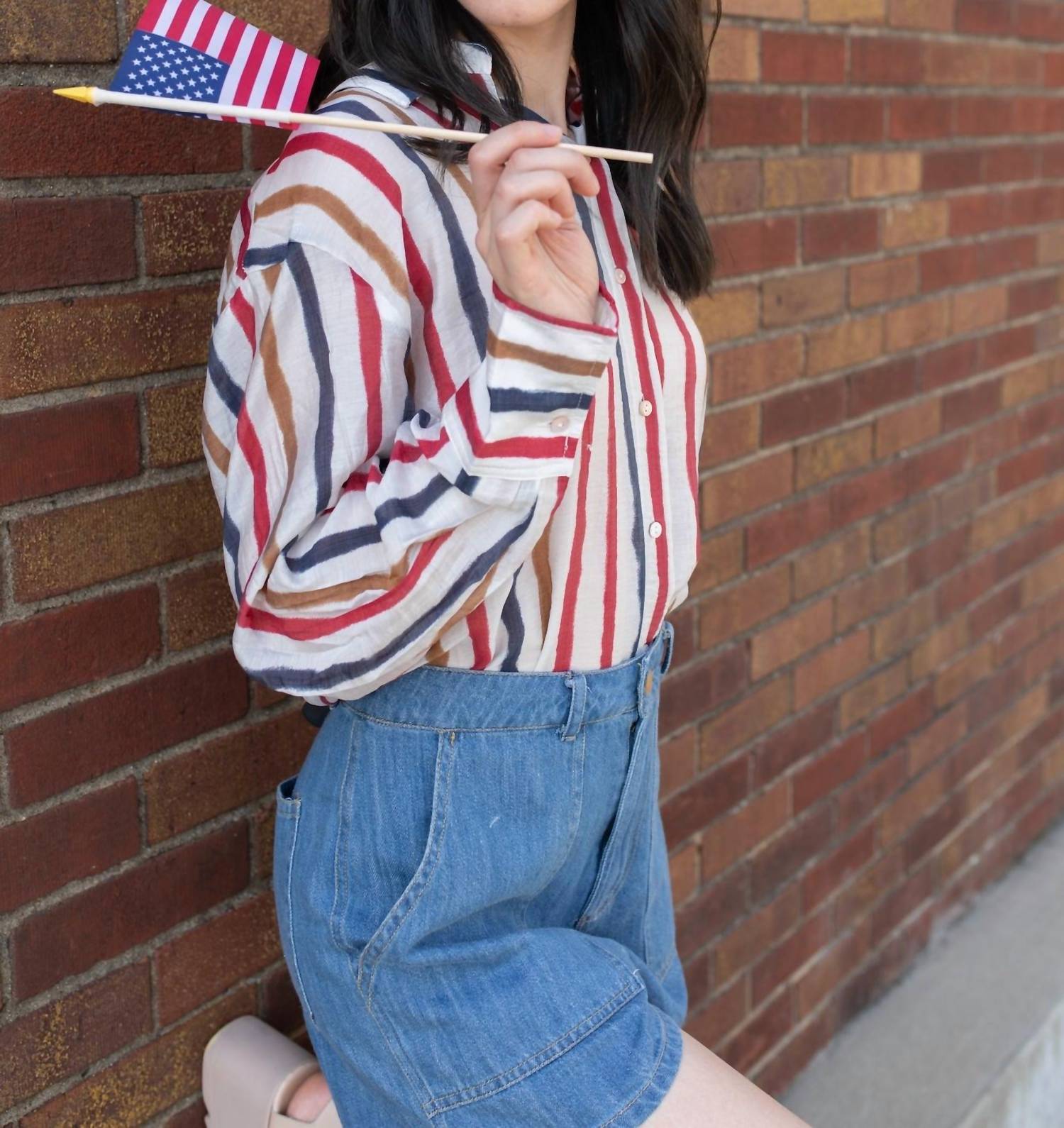 Q2 American Stripes Chiffon Button Down Blouse in red blue white - women's blouse - detail view