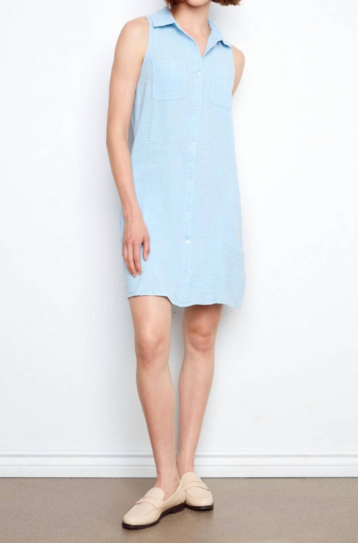 CHARLIE B Sleeveless Gauze Shirt Mini Dress in bluebell - women's dress - detail view