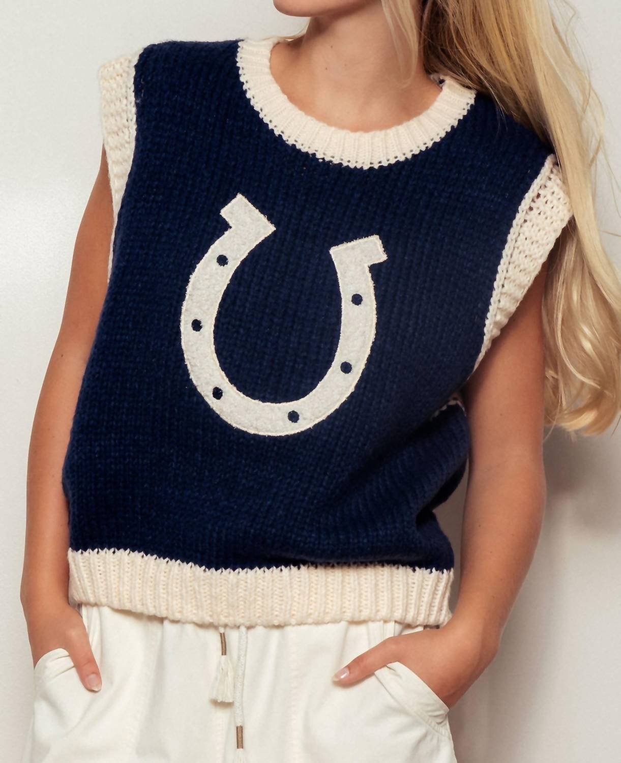 Urban Daizy Western Horseshoe Crochet Knit Ribbed Trim Sweater Vest in navy - women's sweater - detail view