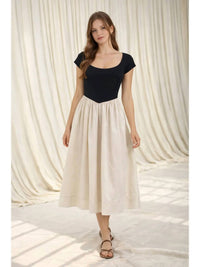 Moon River - Basque Waist Short Sleeve Mixed Media Dress