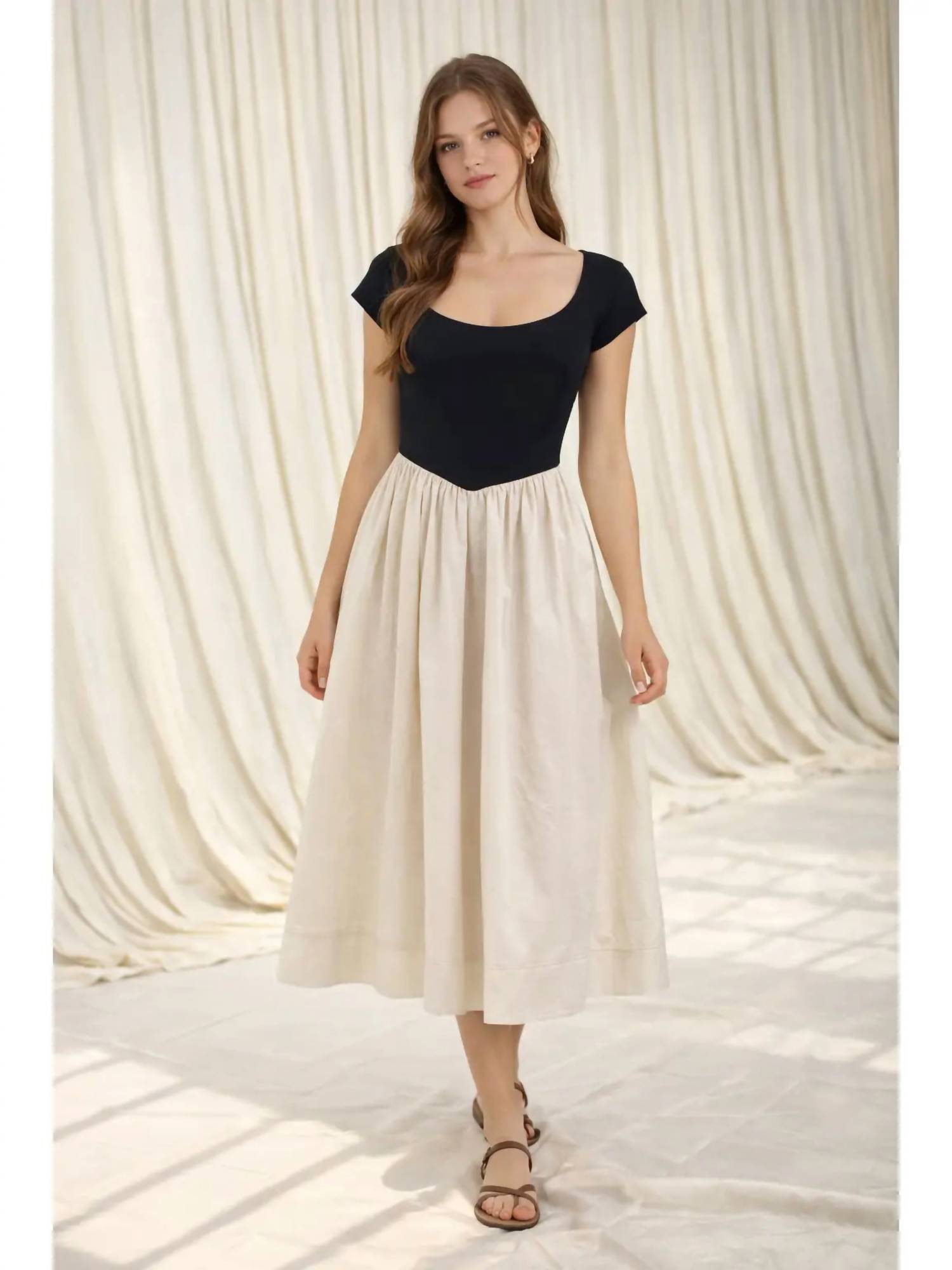 Moon River - Basque Waist Short Sleeve Mixed Media Dress