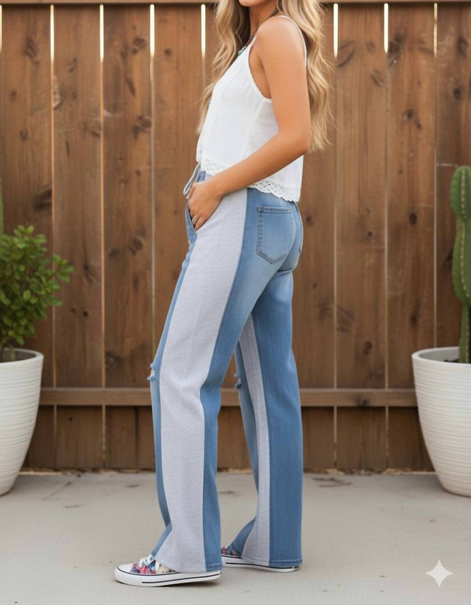 Little Secret Of Mine - Boho Elastic Waist Pockets Distressed Contrast Wide-leg Pants