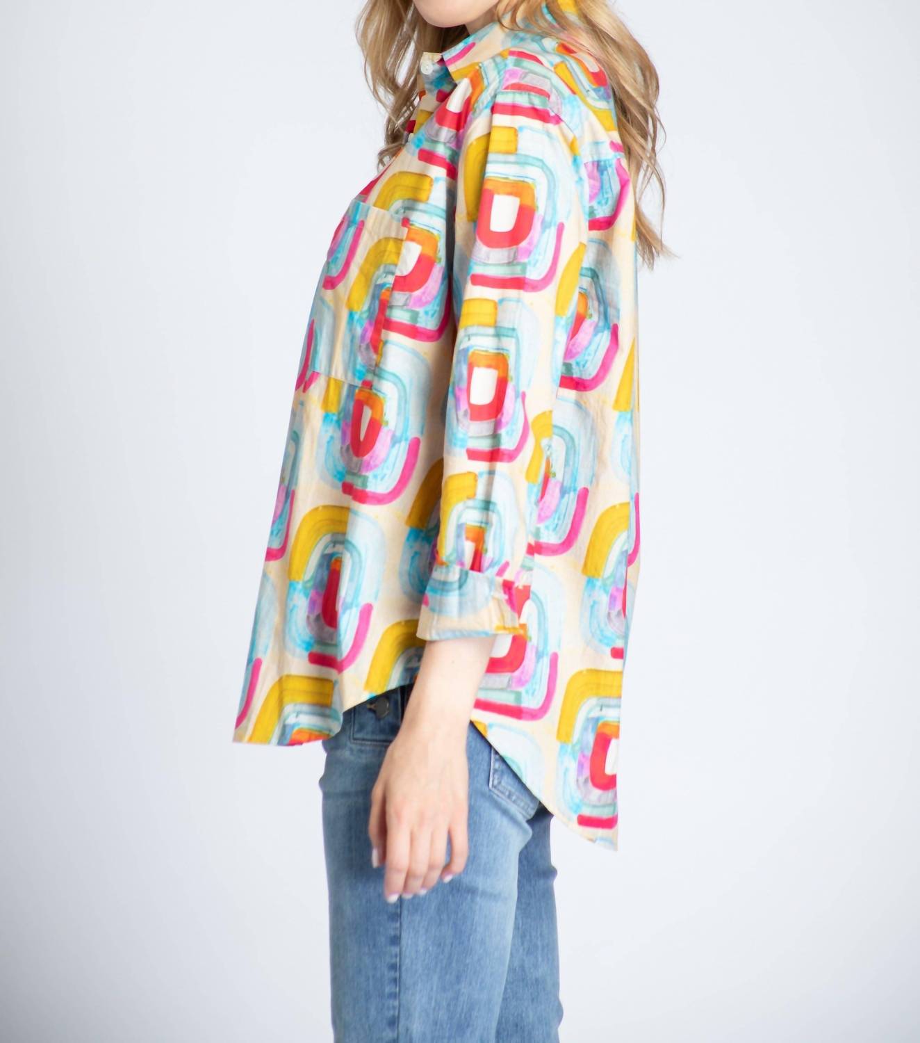 APNY Blocks Of Color Print Button-up Shirt in multi - women's shirt - detail view
