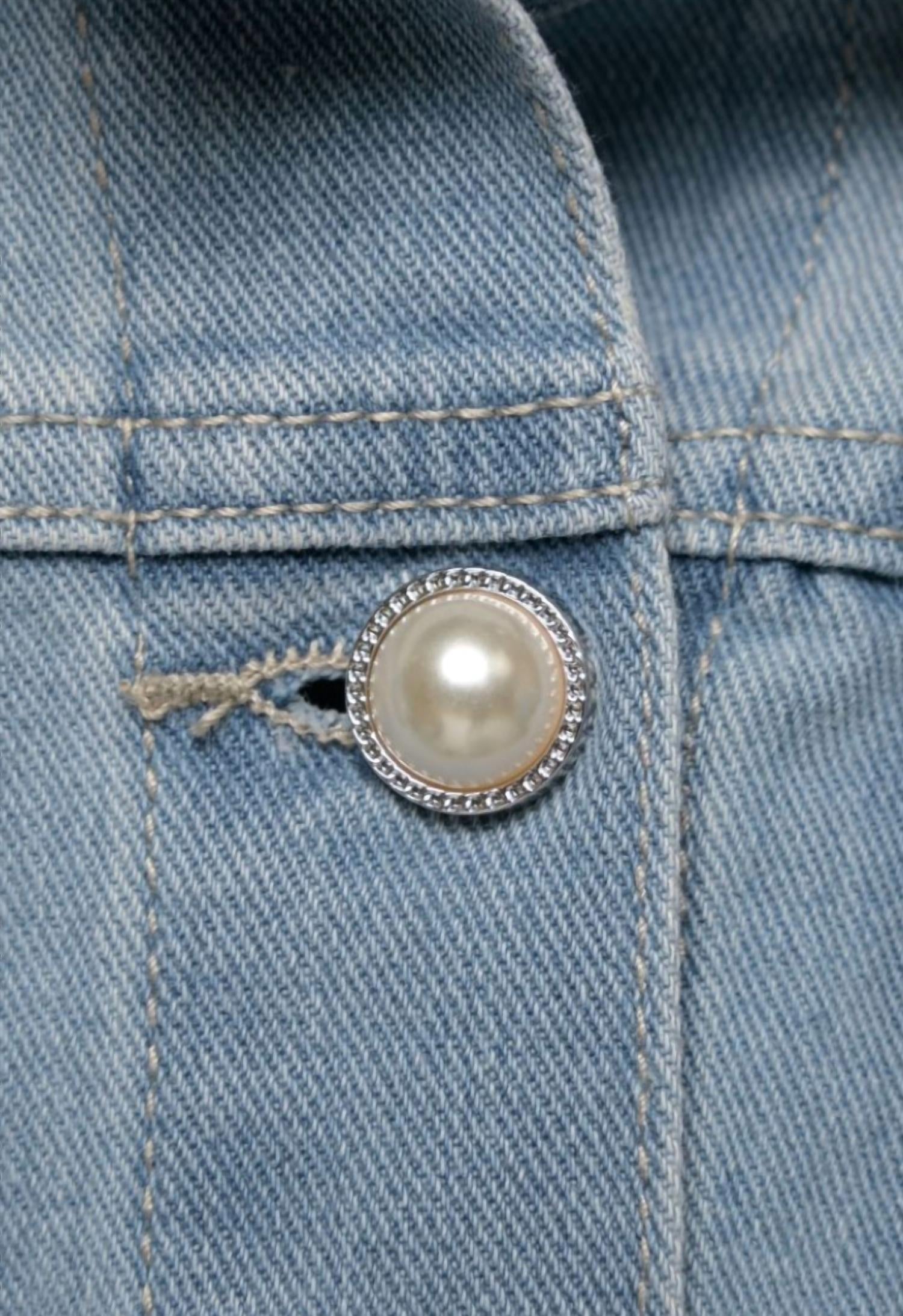 Pine Apparel - Peplum Hem Denim Jacket W/ Novelty Buttons