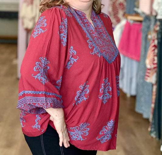 Easel - Boho Printed Rayon Challis Blouse - Plus