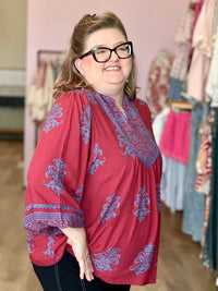 Easel - Boho Printed Rayon Challis Blouse - Plus