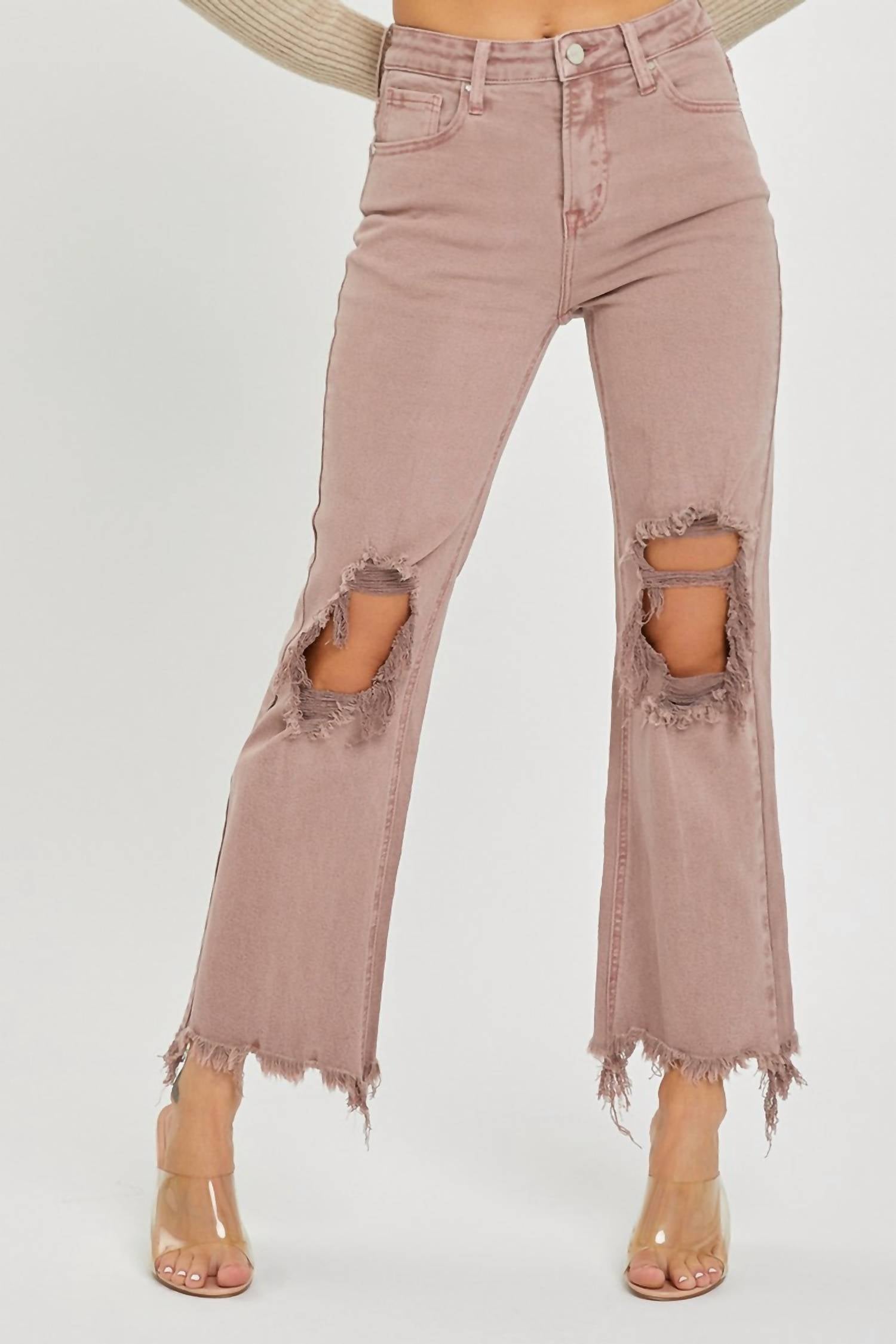 RISEN High Rise Knee Distressed Straight Pants in mauve - women's jeans - alternate view