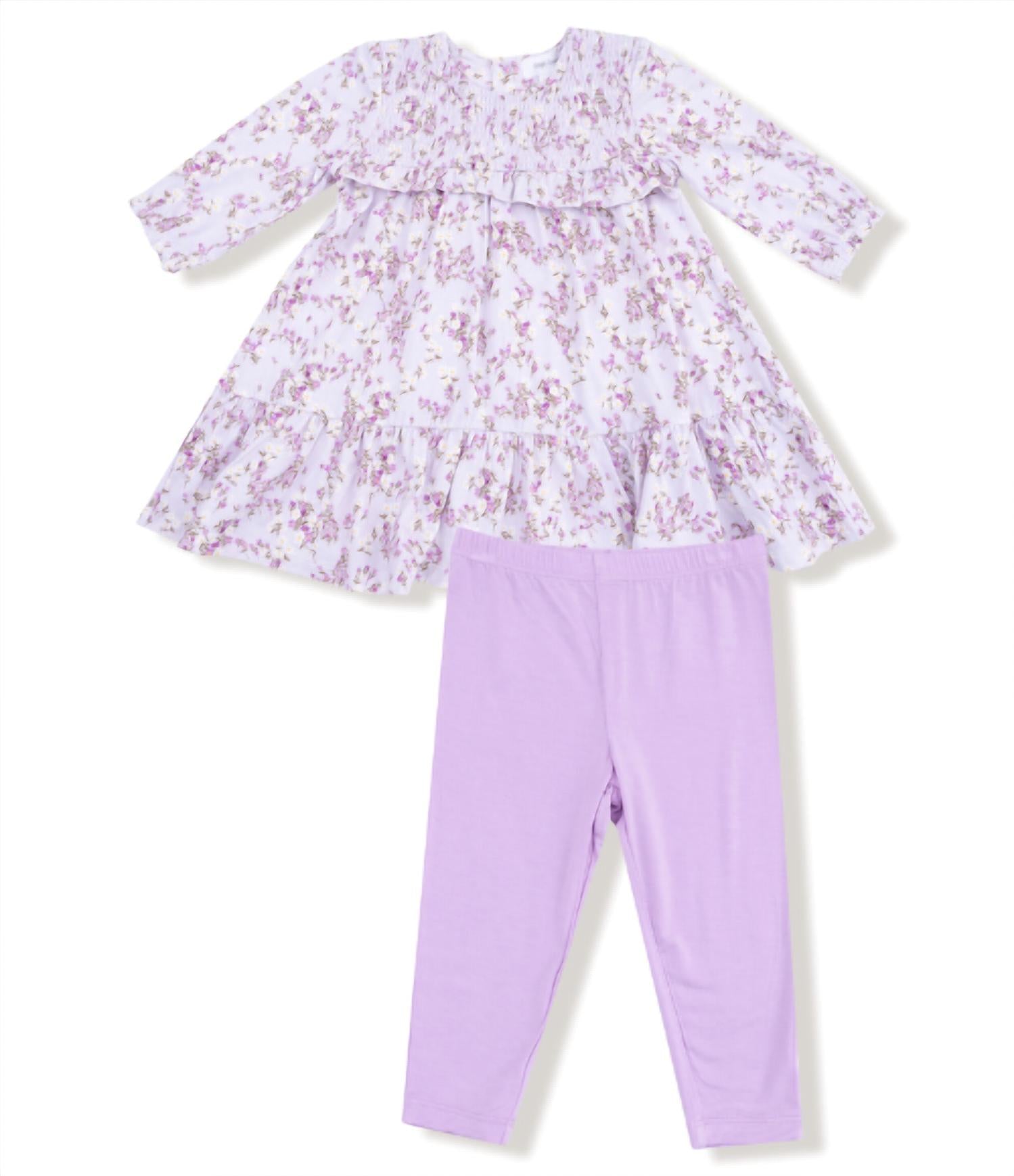 ANGEL DEAR Girl's Sweet Floral Smocked Dress And Leggings Set in purple - item