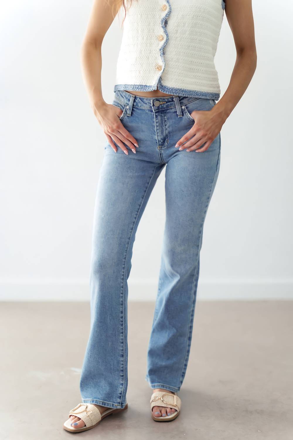 JUST BLACK DENIM Rory Low Rise Slim Bootcut Jeans in light denim - women's jeans