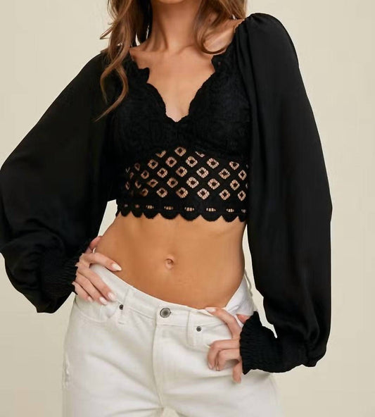 Wishlist - Scalloped Long Sleeve Cropped Top
