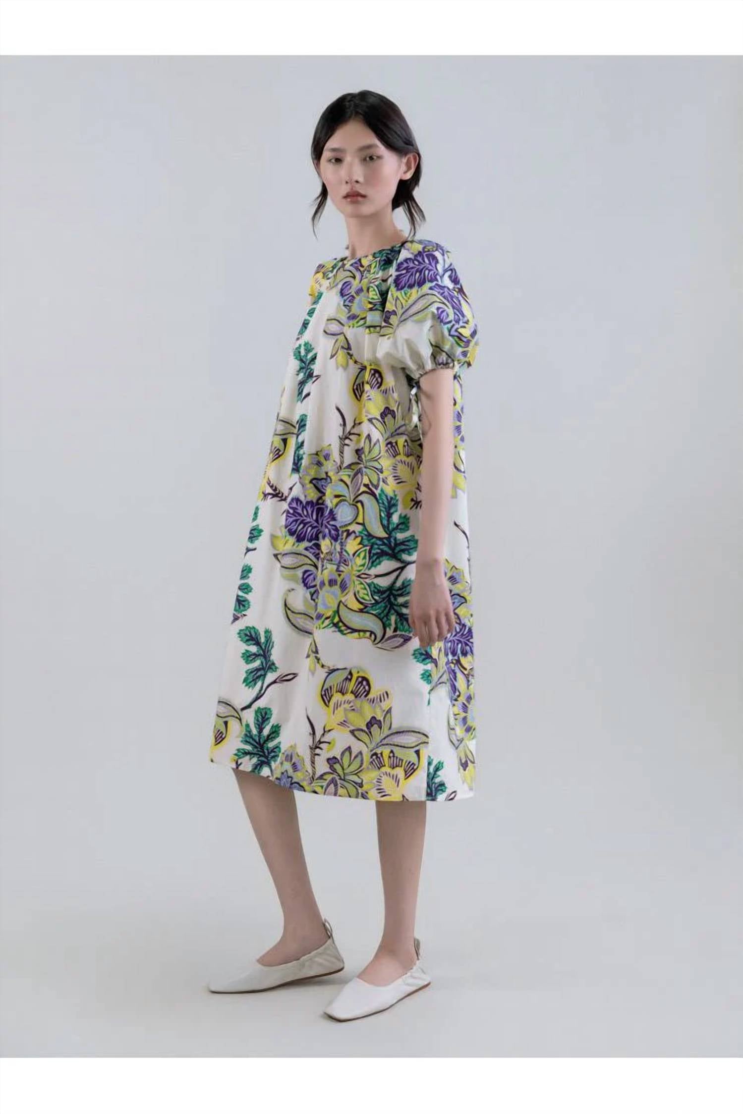 Psophia - Sun-Kissed Marigold Meadow Boat-Neck Dress