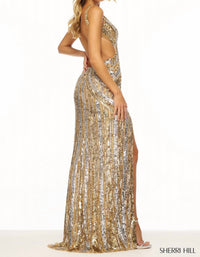 Sherri Hill Side Cutout Backless Dress in nude sliver gold - women's dress - detail view