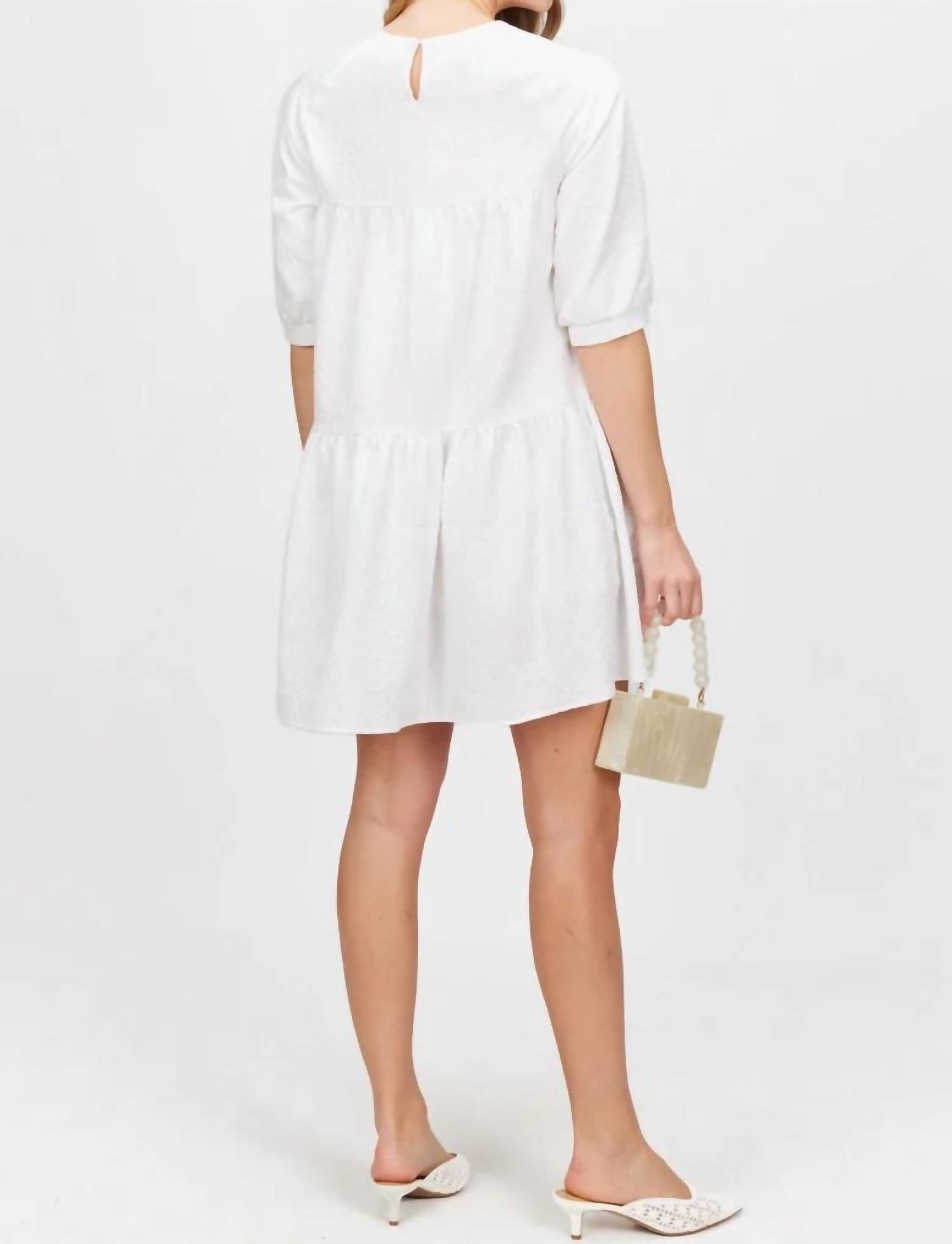 Before You - Floral Jacquard Puff Sleeve Tiered Mini Dress